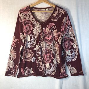 Zenergy Chico's Size 2 Large Burgundy Floral Paisley Sequins Shirt Cotton